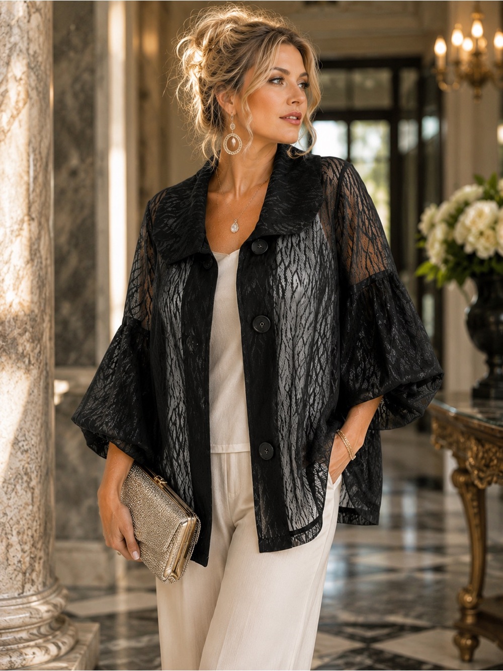 Damee, Inc. Sheer Textured Open Front Jacket | Size Medium | Black Top